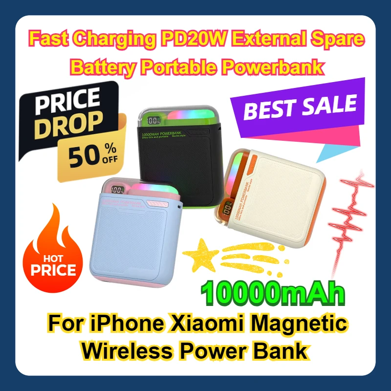 

For iPhone Xiaomi Magnetic Wireless Power Bank Fast Charging PD20W External Spare Battery Portable Powerbank 10000mAh