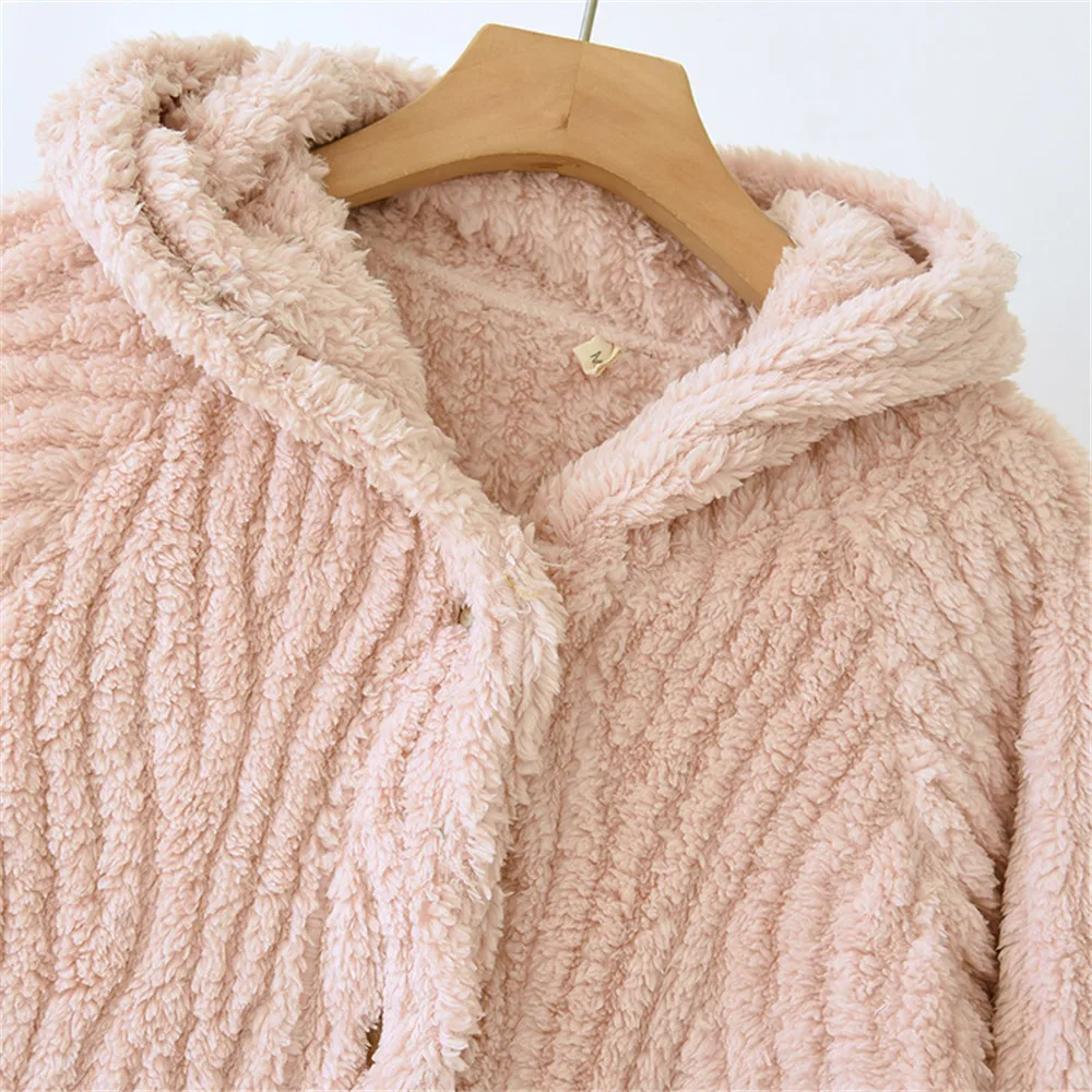 Autumn Winter Hooded Thick Bathrobe Women Coral Fleece Button Sleepwear Robe Female Dressing Gowns Loose Flannel Robes 6