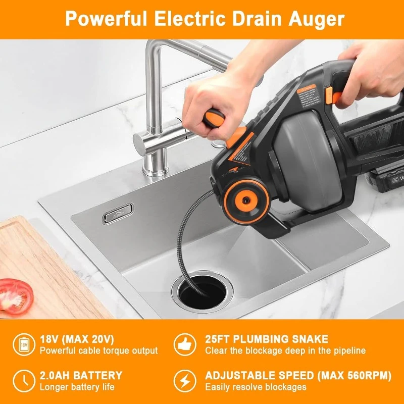 Electric Drain Auger with 25FT Plumbing Snakes Snake Drain Clog Remover for Unclogging Toilet Sewer Bathroom Sink Drain Pipes