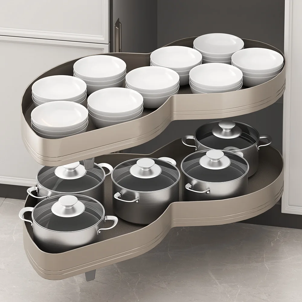 Kitchen Cabinet Aluminum Alloy Pull Basket Corner Flying Saucer Corner Cabinet Double Layer Bowl Basket Inner Shelf Pot Rack