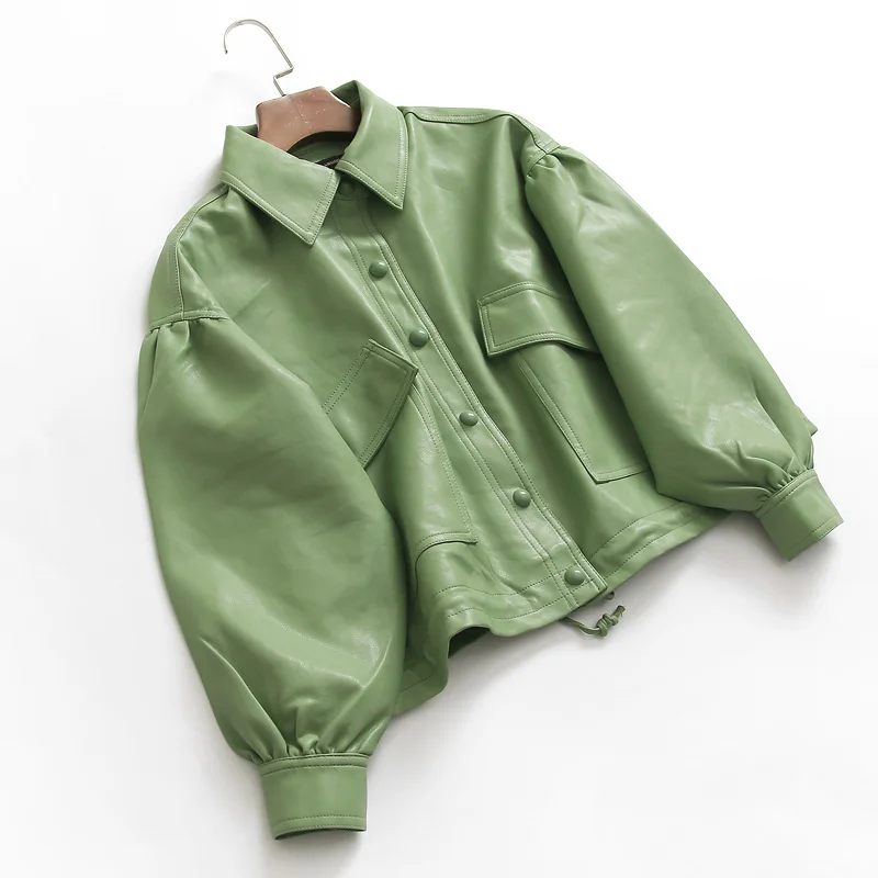 Chaquetas cortas de cuero PU para mujer, abrigos sueltos de motorista, chaqueta de cuero con cordón de una sola botonadura, color verde, Otoño e Invierno