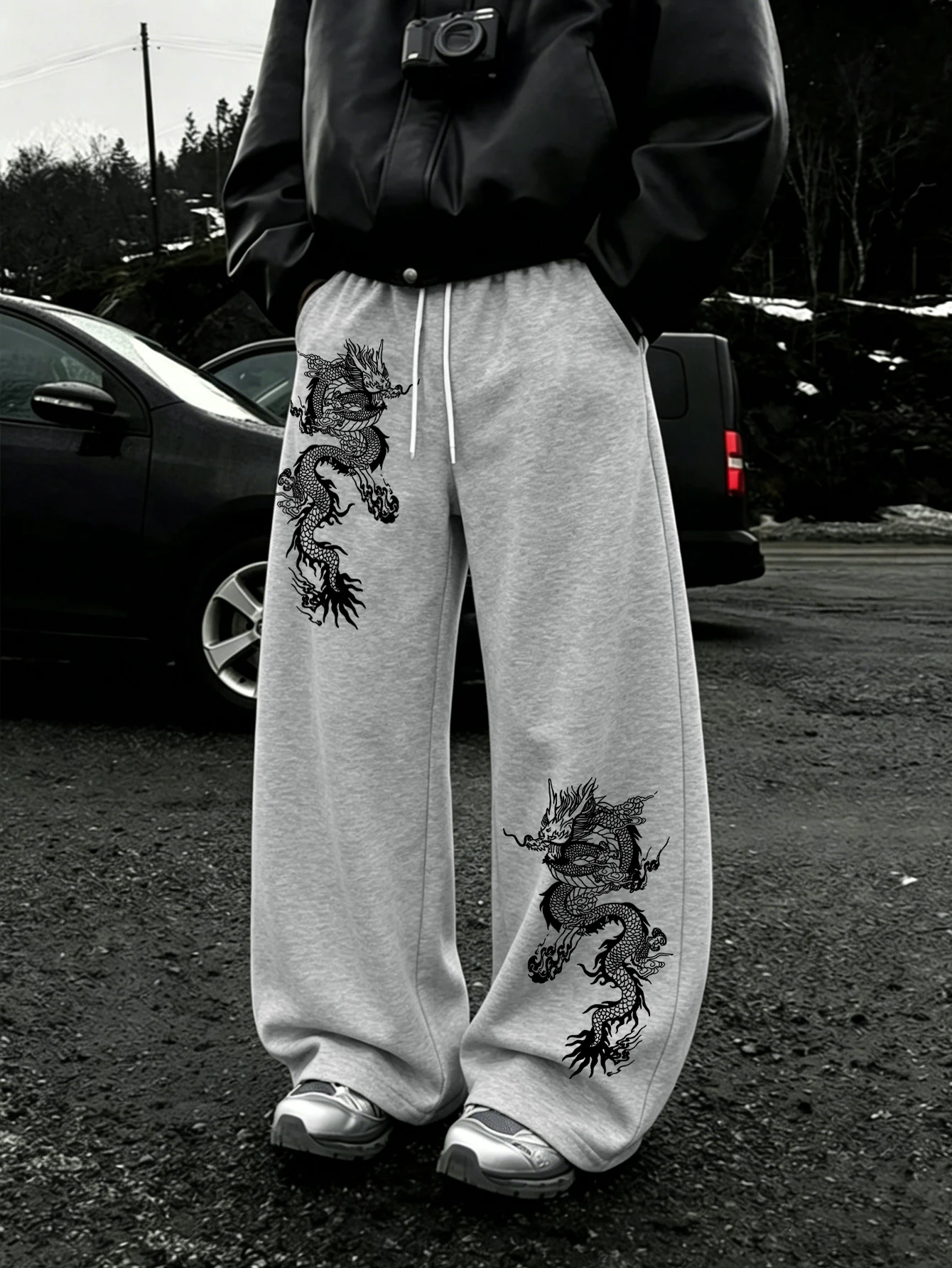 Men Black Wide Leg Jogger Pants, Traditional Oriental Dragon Totem Diagonal Asymmetrical Dual‑Leg PrintDrawstringBaggyStreetwear
