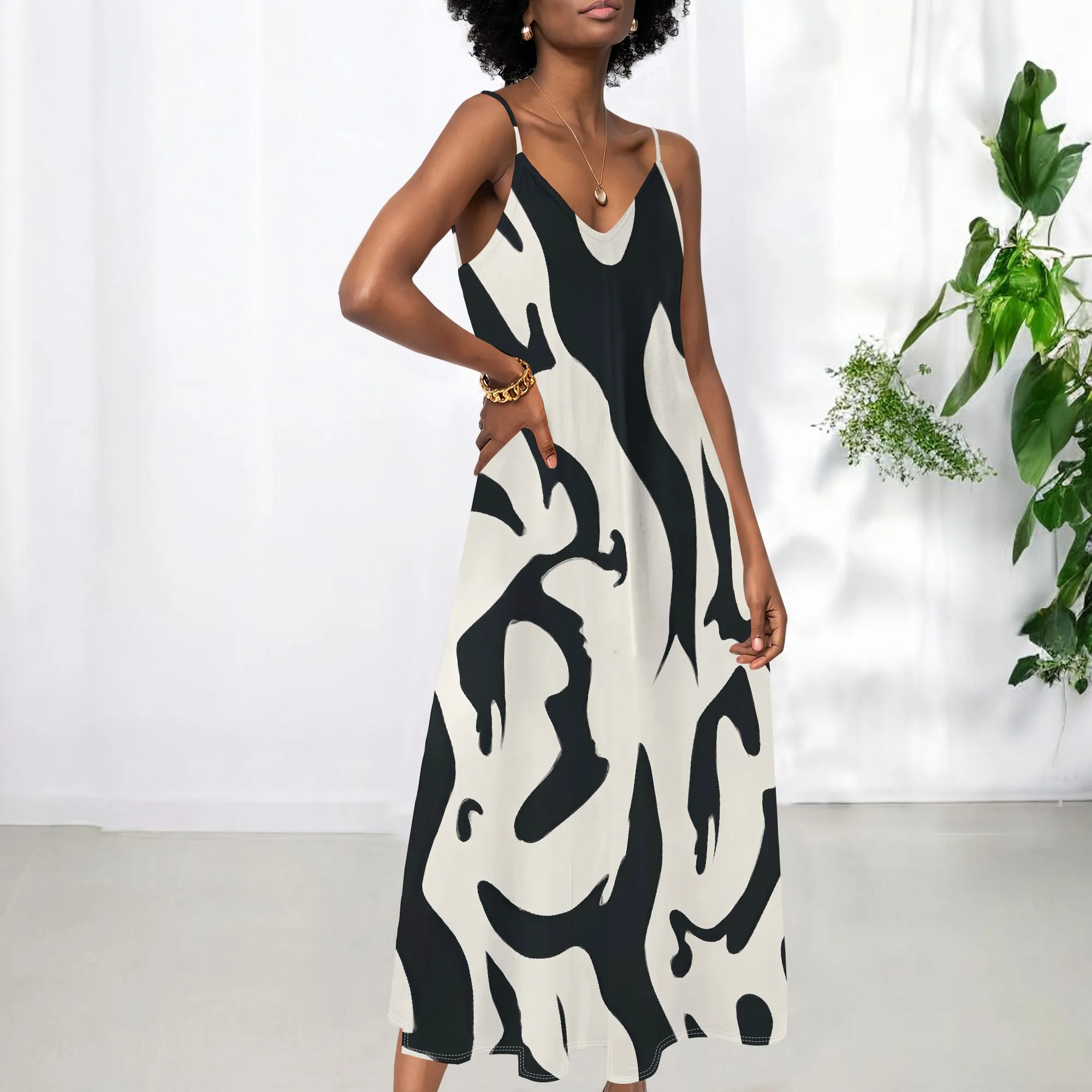 

Women's Abstract Print Maxi Slip Dress S-3XL - Modern Art Cowl V-Neck Flowy Summer Dress - Casual Beach & Vacation Wear