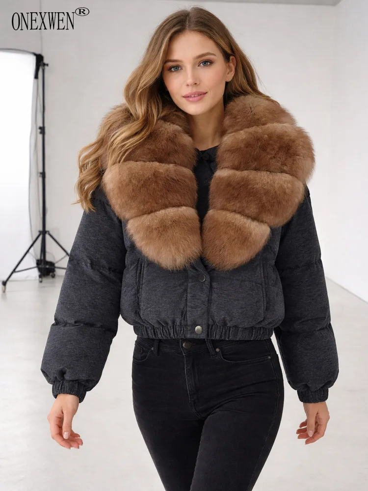 ONEXWEN Women Short Down Jacket With Large Natural Fur Collar Vintage Puffer Coat Elastic Loose Warm Winter Outerwear RU51