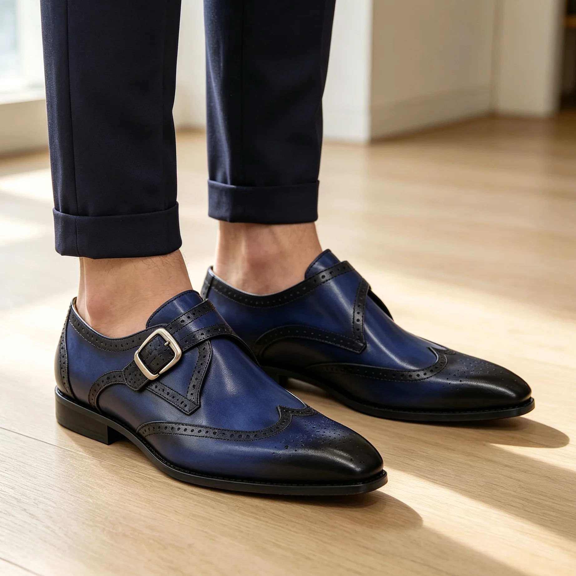Elegant Men's Genuine Leather Monk Strap Dress Shoes Single Buckle Blue Black Loafer Brogue for Party Wedding Formal Occasions