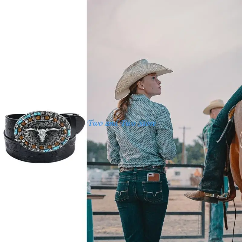 HX6F الإغاثة حزام الخصر رئيس الثور النمط الغربي حزام قابل للتعديل للرجل الجينز الديكورات #5