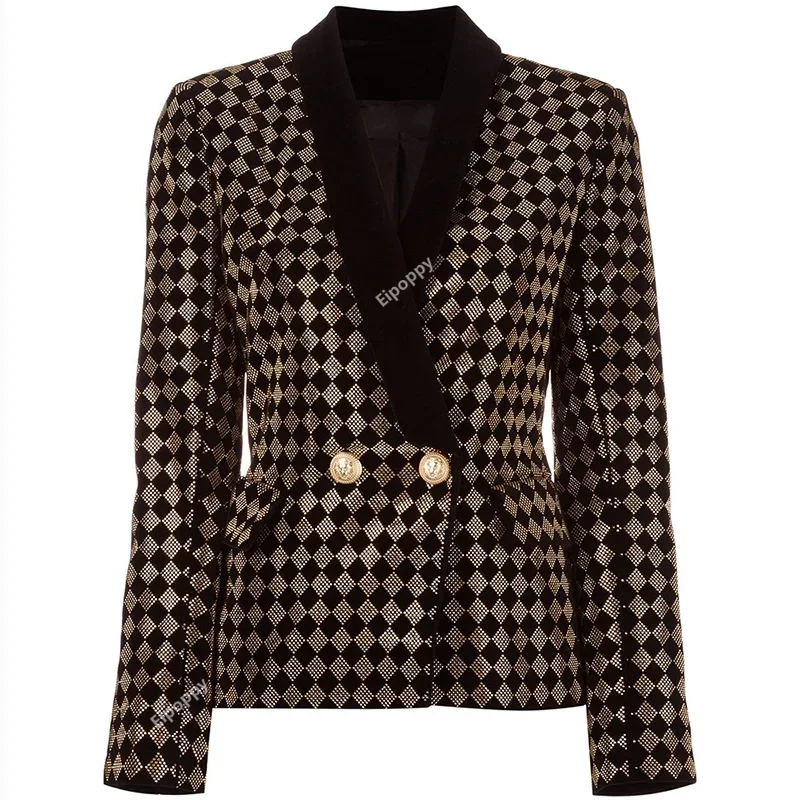 

Fashion Black Plaid Blazer Coat For Women High Street Newest 2024 Designer Jacket top Shawl Collar Diamonds Velvet Female Blazer