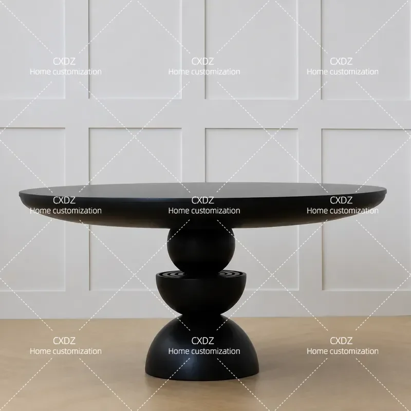 Solid Wood Round Dining Table Retro Neoclassical Black Multi Functional Restaurant Table Custom Export