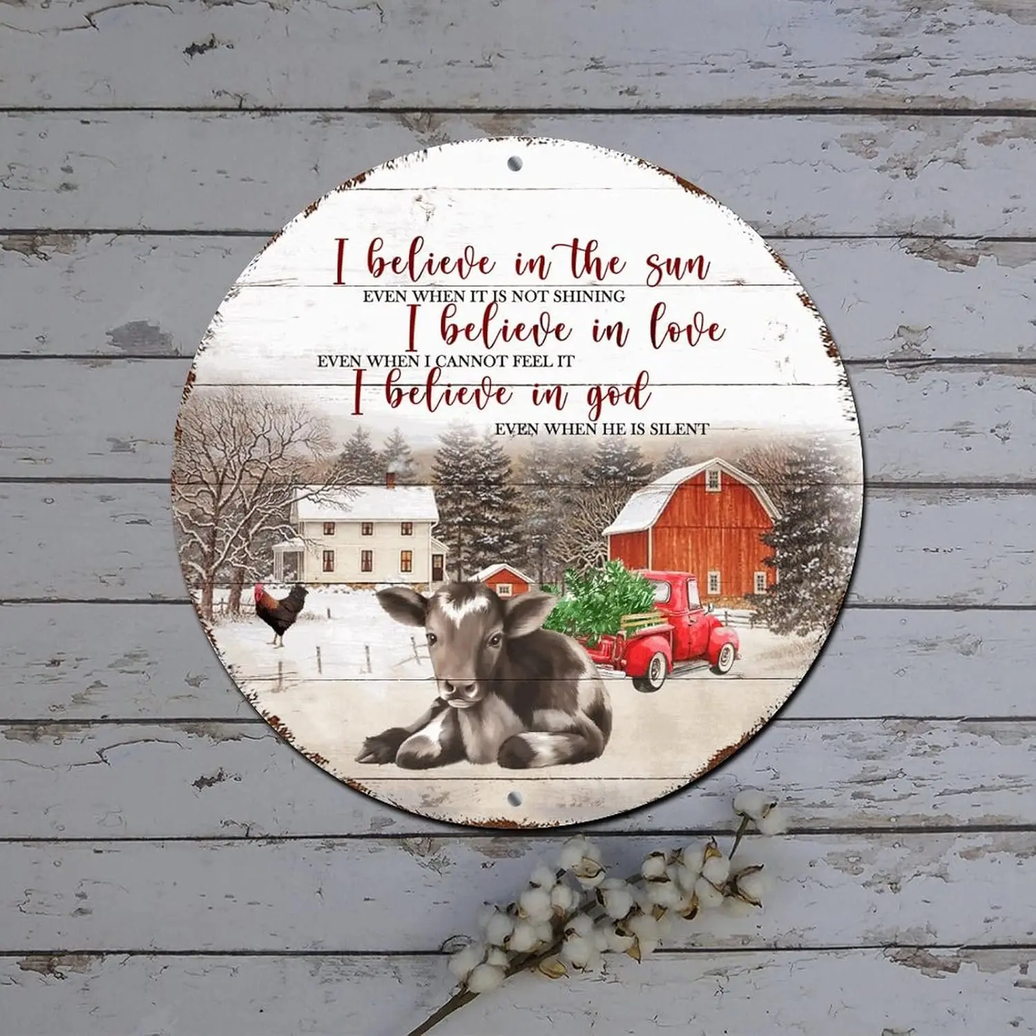 Christmas Red Truck Sign I Believe in The Sun Farm Animal Wood Grain Round Metal Tin Sign Christmas Door Decor Distressed Stylis