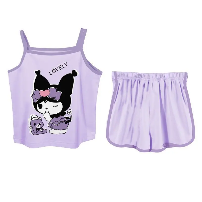 Spring Summer Child Girls Cartoon Tank Shorts Set Sanrio Kuromi Printed Camisole Tops Bottoms Kids Casual Pajamas Sleepwear