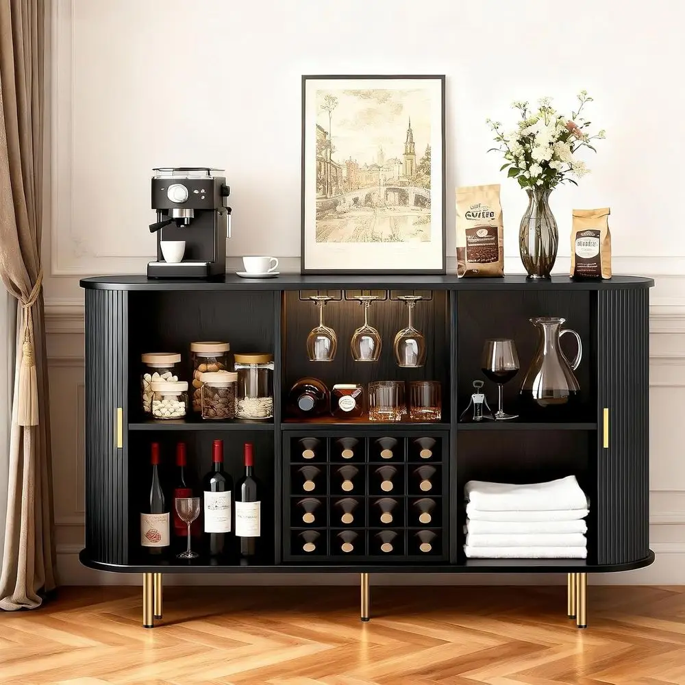 

55 Black Wine Bar Cabinet with Storage, Liquor & Coffee Bar, Wine Rack, Glass Holder, LED Lights for Home Kitchen, Dining Room
