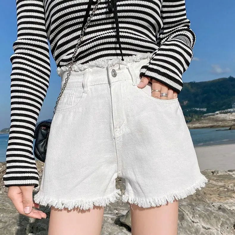 

Белые джинсовые орты с высокой талией, женские свободные утягивающие потертые широкие брюки трапециевидной формы, модные летние брюки Ins Pyo Sle Commute