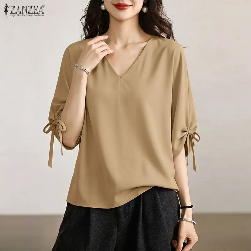 ZANZEA Woman Summer Loose Blouses Casual V-Neck Half Sleeve Tied Cuffs Solid Color Tops Fashion Daily Streetwear Blusas Mujer - view 5