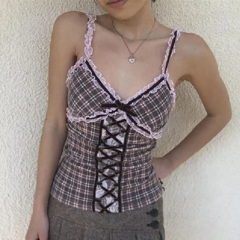British Style Camisole New Fashion Plaid Printed Camisole Girl Summer V-Neck Sweet Shopping Outdoor Wearable Lace Strap Camisole
