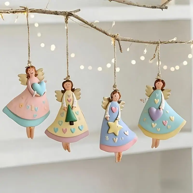 (Ce14)4PC/Set Vintage Angel Hanging Decor Fantasy Wooden Xmas Tree Hanging Ornament Decor For Home New Year Gift Christmas Decor