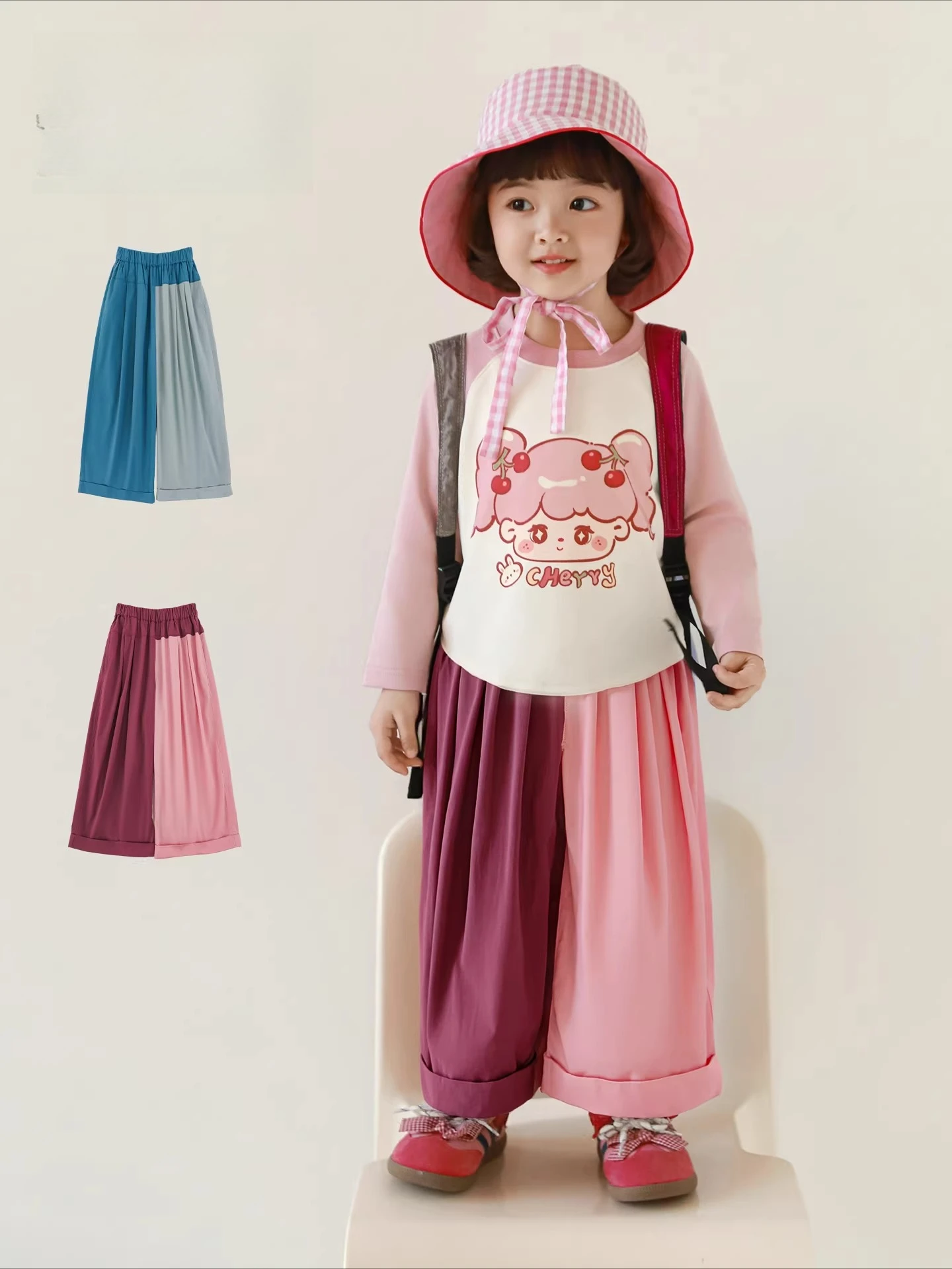 

Girls 2026 Spring Color Block Wide Leg Pants Flattering Fit Comfort Stretch Kids Long Pants 4-10Y