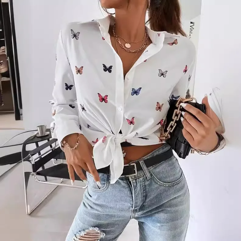 Camicia moda manica lunga bianca con stampa farfalla Donna 2025 Bottoni primaverili Casual Streetwear Top e camicetta Top Femme Camicie