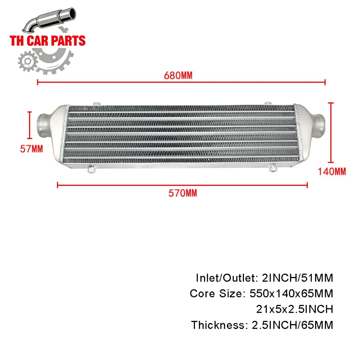 Intercooler Universal de Aluminio de 51 mm de Entrada, 550x140x65 mm, Radiador de Admisión de Aire Frío para Turbo, Intercooler para Automóvil