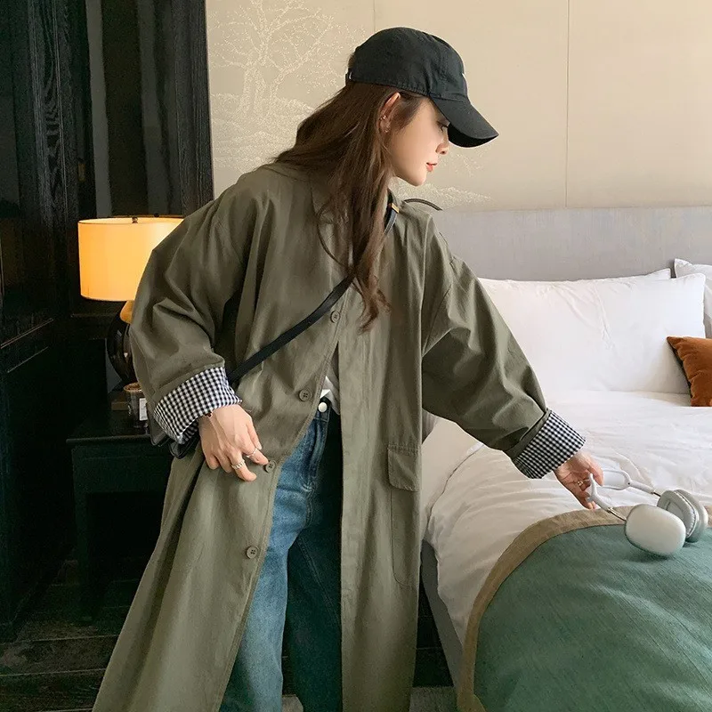 

Green workwear trench coat for women mid-length loose casual