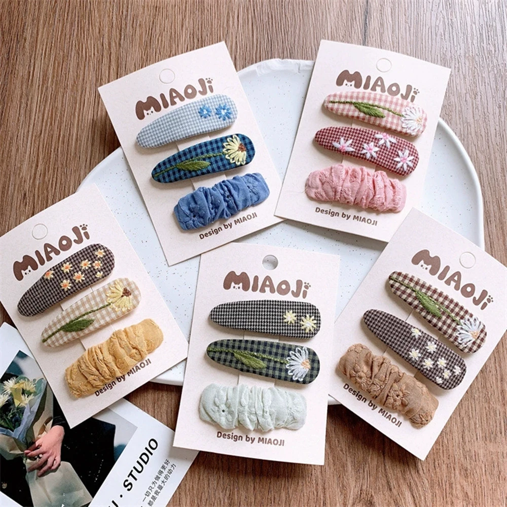 

Детские заколки для волос для девочек, овальные зажимы-защелки, заколка для волос с цветочной вышивкой, боковой зажим для малышей, тканевые заколки для волос в корейском стиле