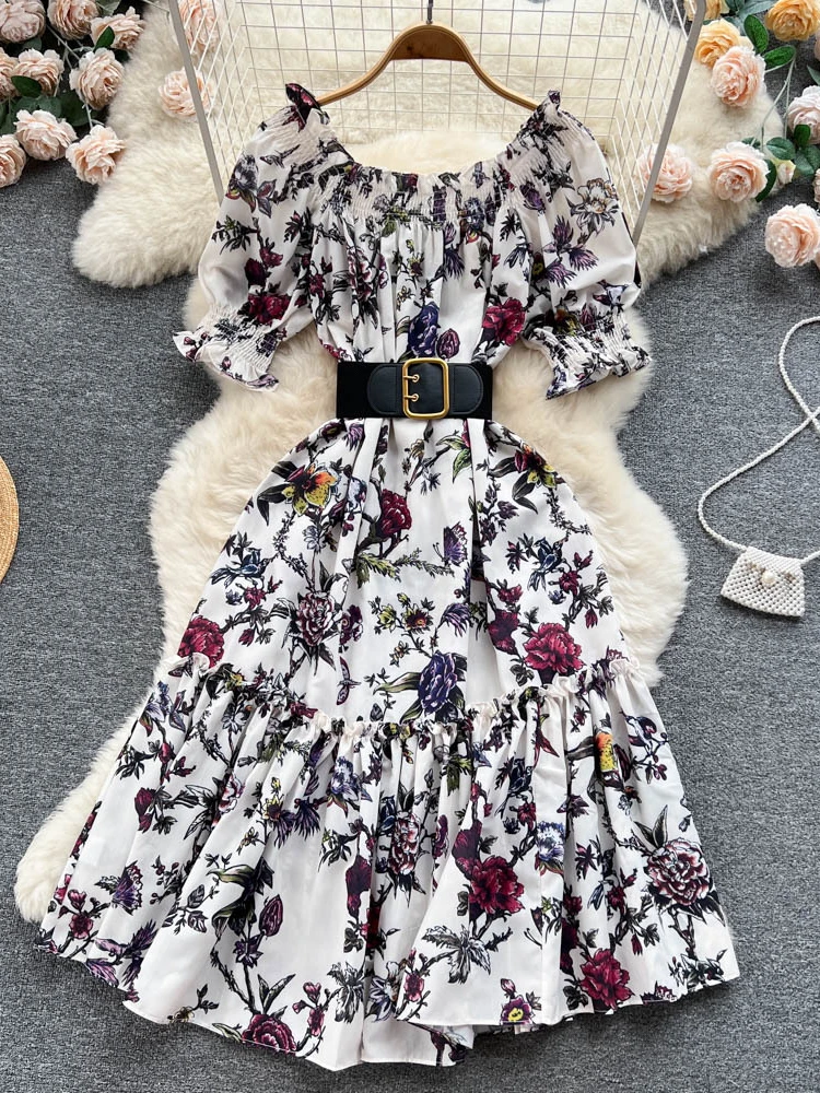 

Summer printed dress women sexy off the shoulder slim a-line ruffles bubble short sleeve long dresses elegant floral long robe