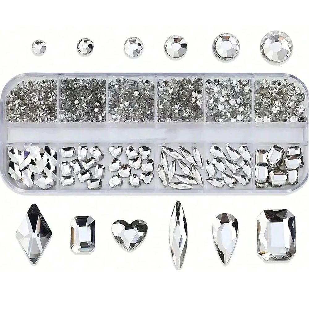 12 Grids Clear Crystal Nail Rhinestones Mixed Shape Glass Gems Bottom Shiny Multi Size Diamond Manicure Charms for DIY Nail Art