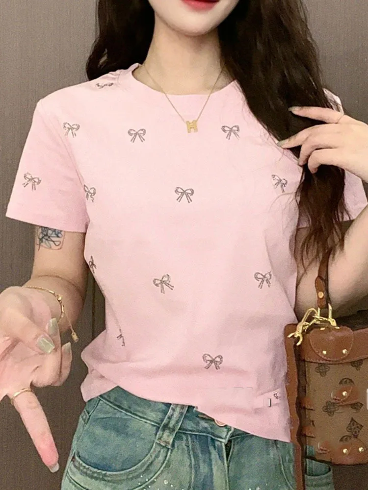 High Quality New Summer Women’s Sexy O-Neck Cotton T-Shirt Clothes Chic Shiny Bow Diamonds Tops Korean Short Sleeve Casual Tees