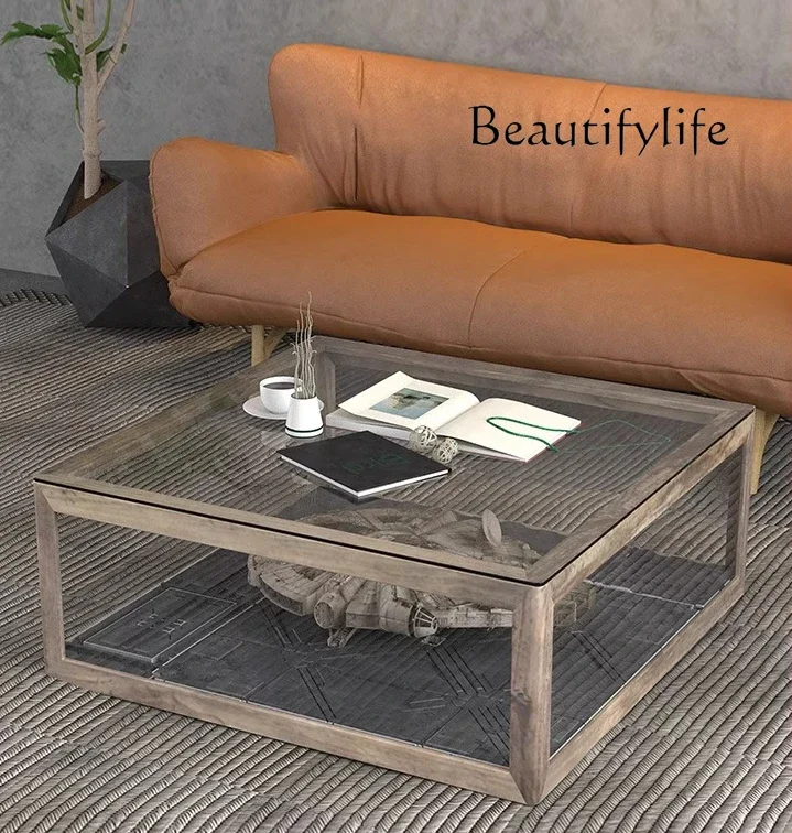 

Nordic simple glass coffee table small apartment household solid wood tenon and mortise old coffee table suitable