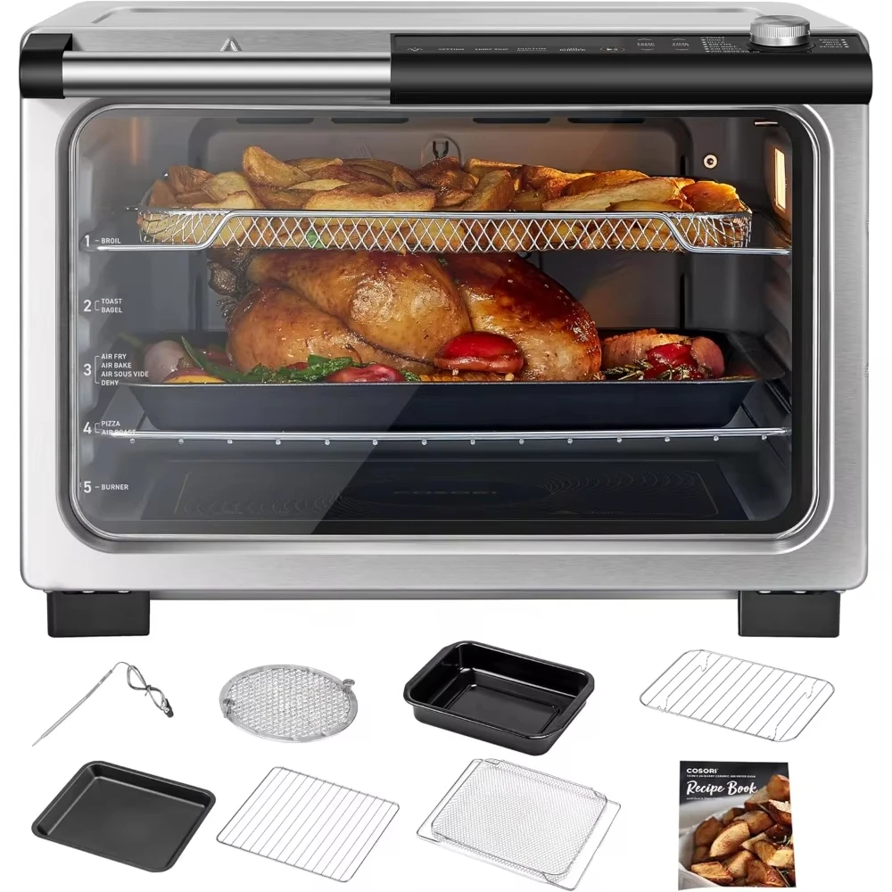 13-in-1 Ceramic Air Fryer Toaster Oven Combo, Flat-Sealed Heating Elements for Easy Cleanup, Innovative Burner Function， 26QT