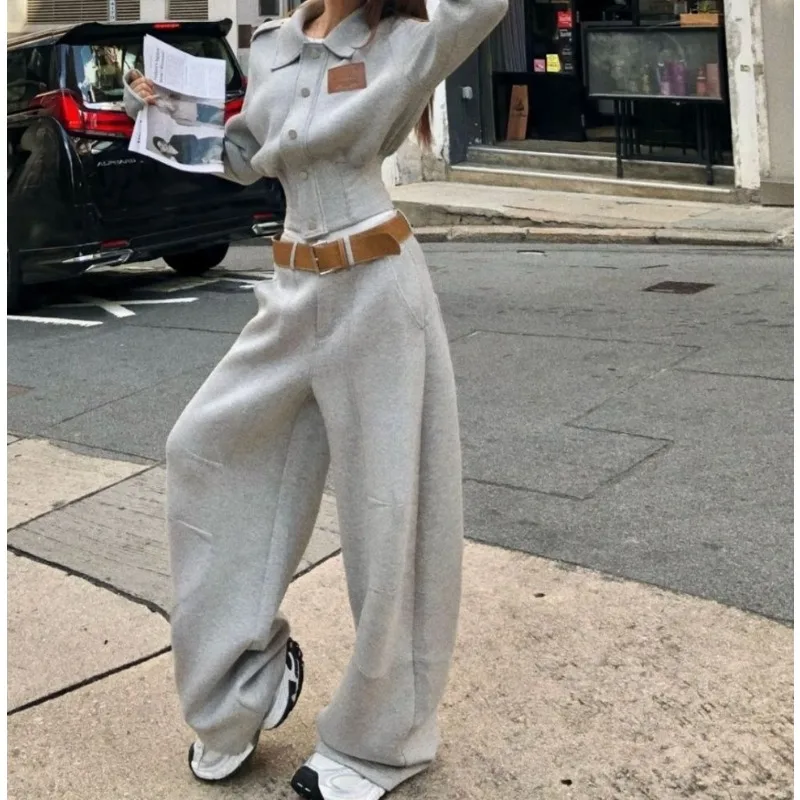 

Niche Minimalist Curved Knife Pants Autumn Fashion Casual Style Fashion Loose Floor-length Pants + Top Set for Women