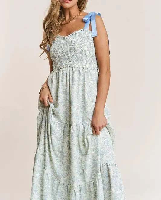 New Fashion Women Floral Tie Shoulder Dress Smocked Sweetheart Neck Sleeveless Backless A-line Long Tiered Ruffle Dress S M L