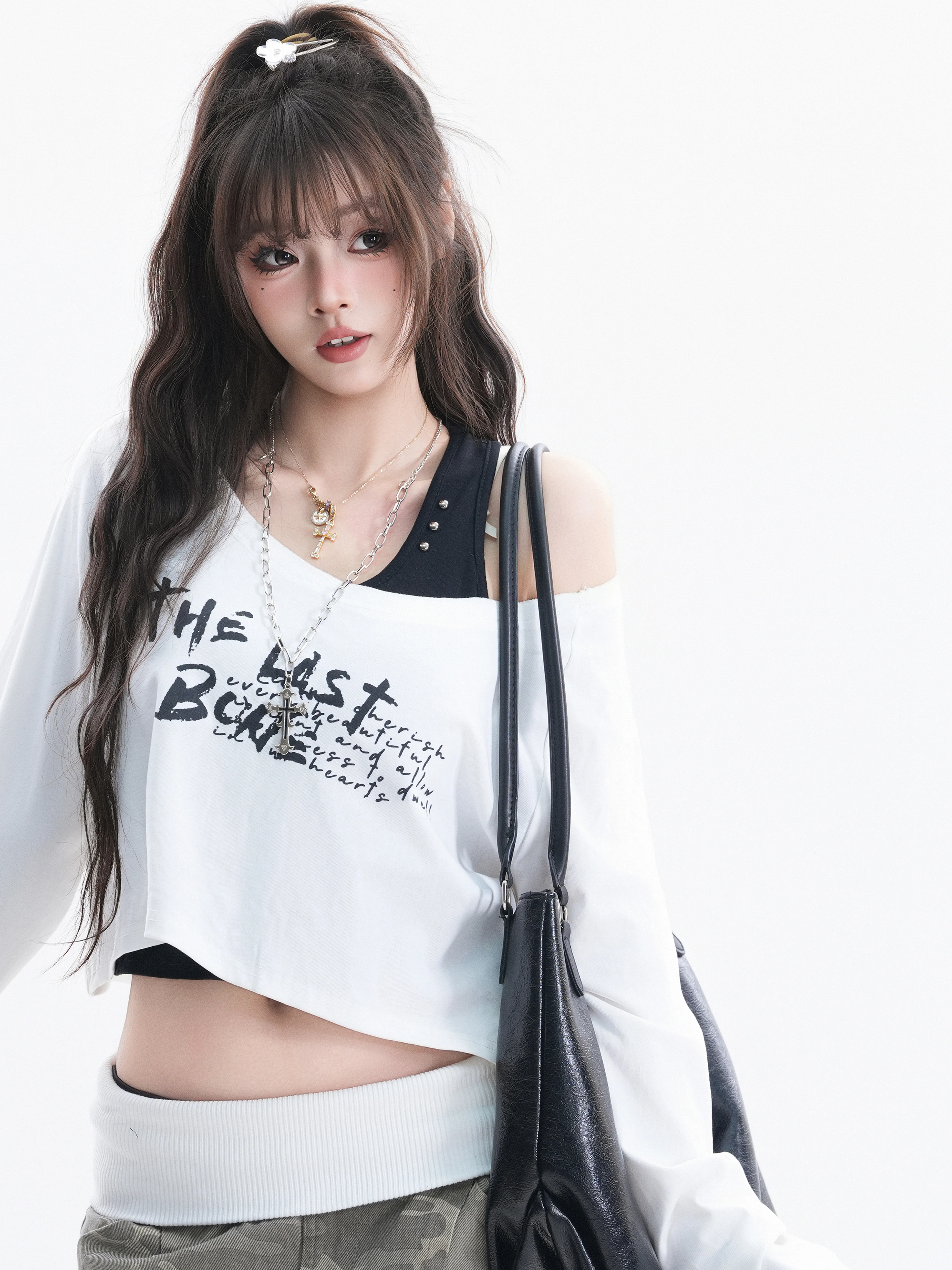 

American Style Sweet And Spicy Shoulder Bared T Shirt Women's Letter Print Hot Girl Real Two Piece Short Vest Long Sleeve Top