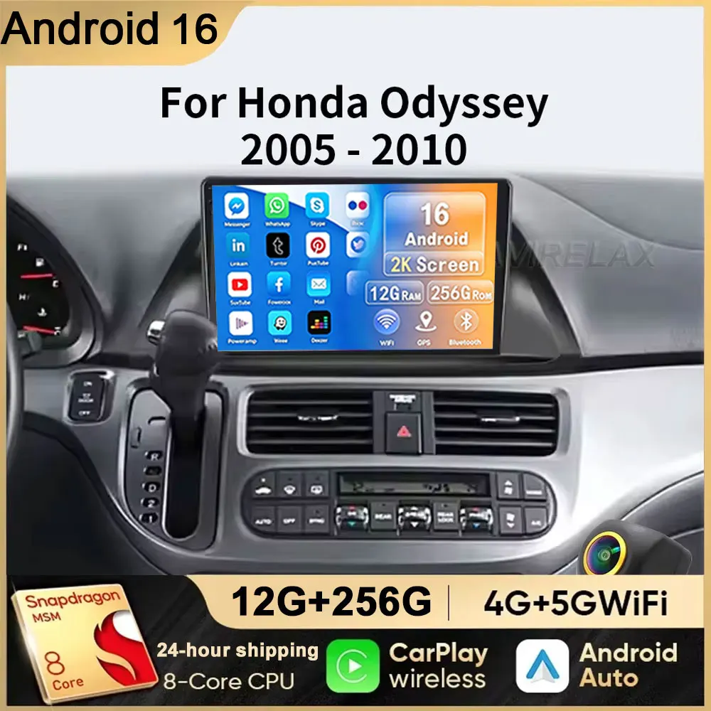 12+256 Wireless Car Radio For Honda Odyssey 2005 2006 2007 2008 2009 2010 Support Carplay Android16 Auto Touch Scree