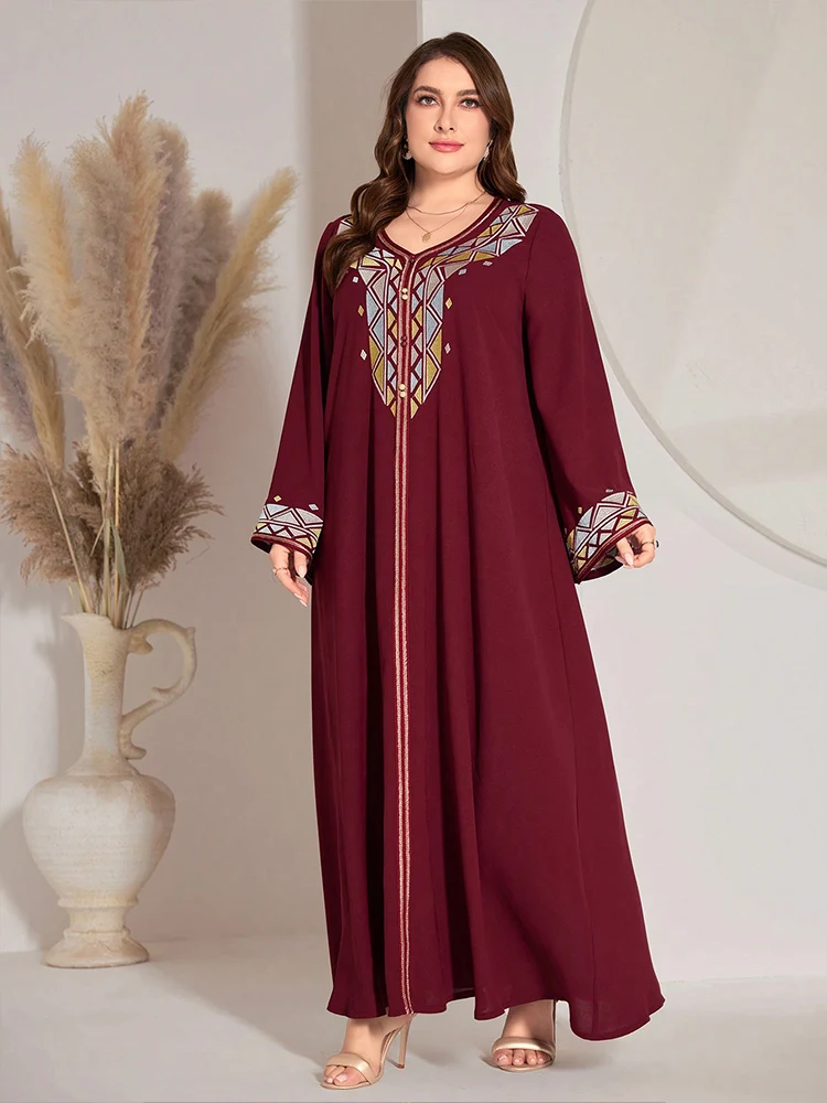 TOLEEN Women Plus Size Maxi Dresses Arab Muslim Embroidered V-neck Dress With Flared Sleeves Retro Middle Eastern Ethnic Robes