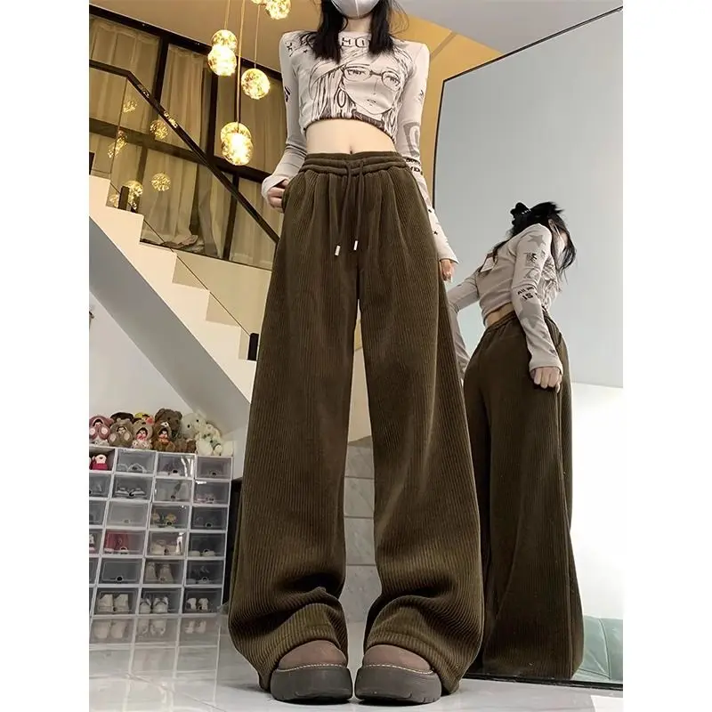 Autumn Winter Fashion Elastic Waist Drawstring Solid Corduroy Women\'s Clothing Pocket Casual Wide Leg Trousers All-match Pants