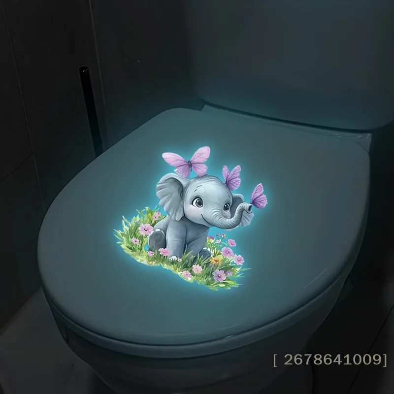 ❀Glow-in-the-Dark Elephant Toilet Sticker - Luminous Bathroom Decal Cute Cartoon Animal Wall Sticker for Kids Room Decor|〔YY33〕