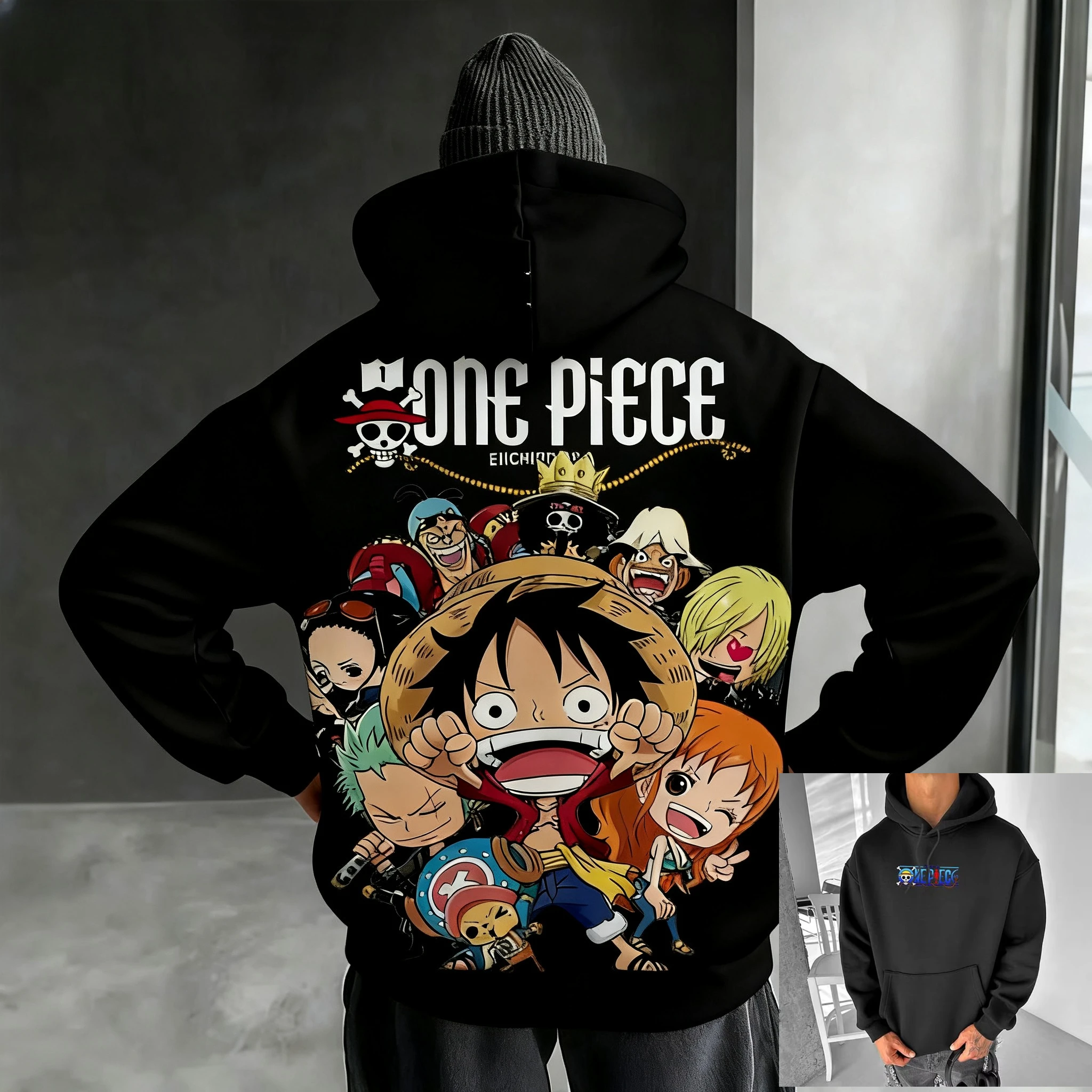 بانداي 2026 جديد قطعة واحدة ريترو ستايل لوفي طباعة موضة الرجال سترة دافئة الوالدين والطفل حجم كبير فضفاض كم طويل #2