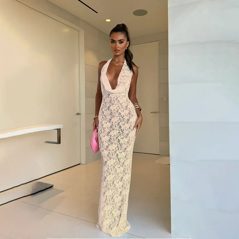 Lapela sexy, vestido recortado de renda sem costas para mulheres, um vestido de menina quente estilo férias europeu e americano