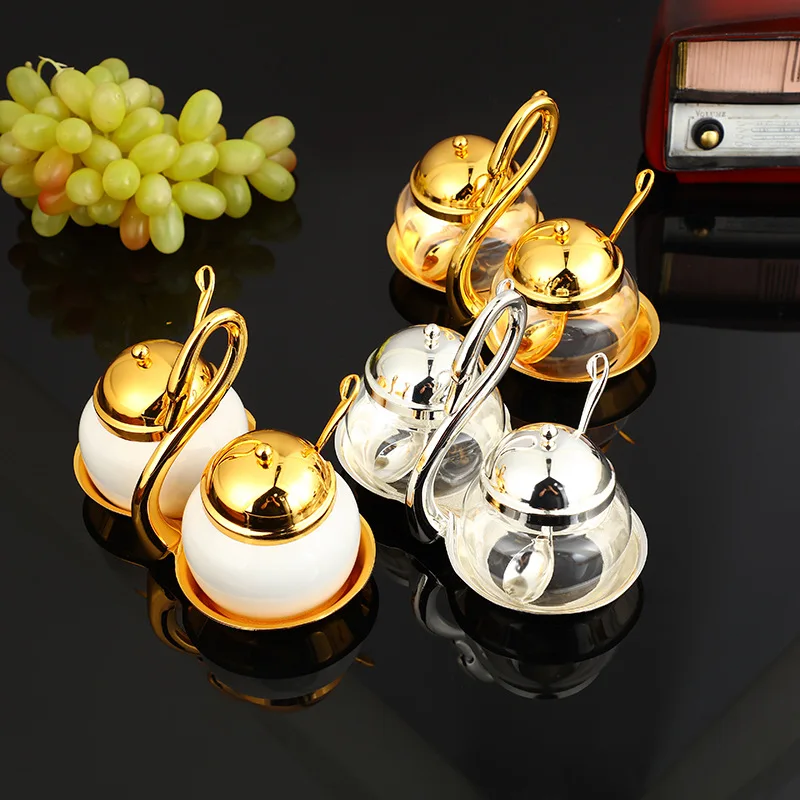 

Light Luxury Palace Style Swan Shape Sealing Seasoning Box with Handle Spoons 2 in 1 Kitchen Condiment Storage Container