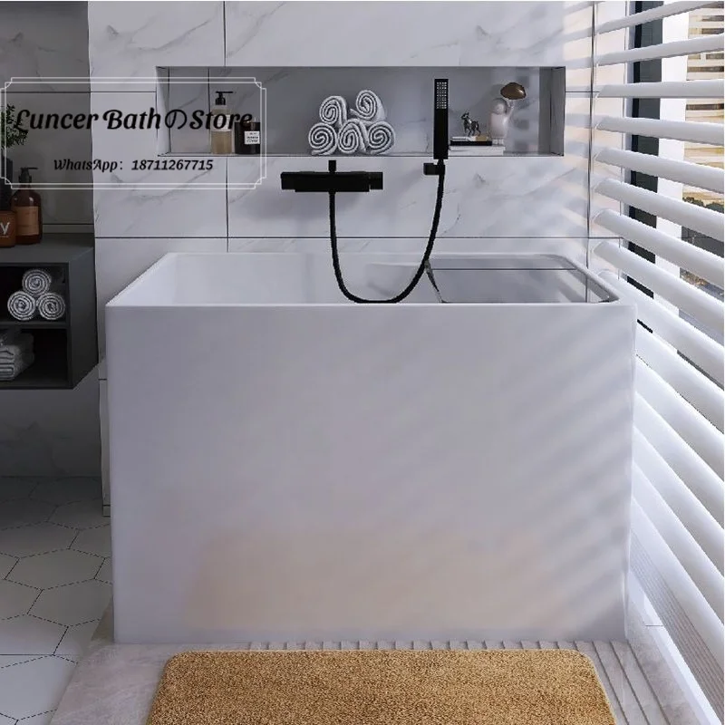 Japanese Deep Soaking Bathtub, Square Freestanding Acrylic Tub for Home, Portable with Seat and Shelf, Multiple Sizes