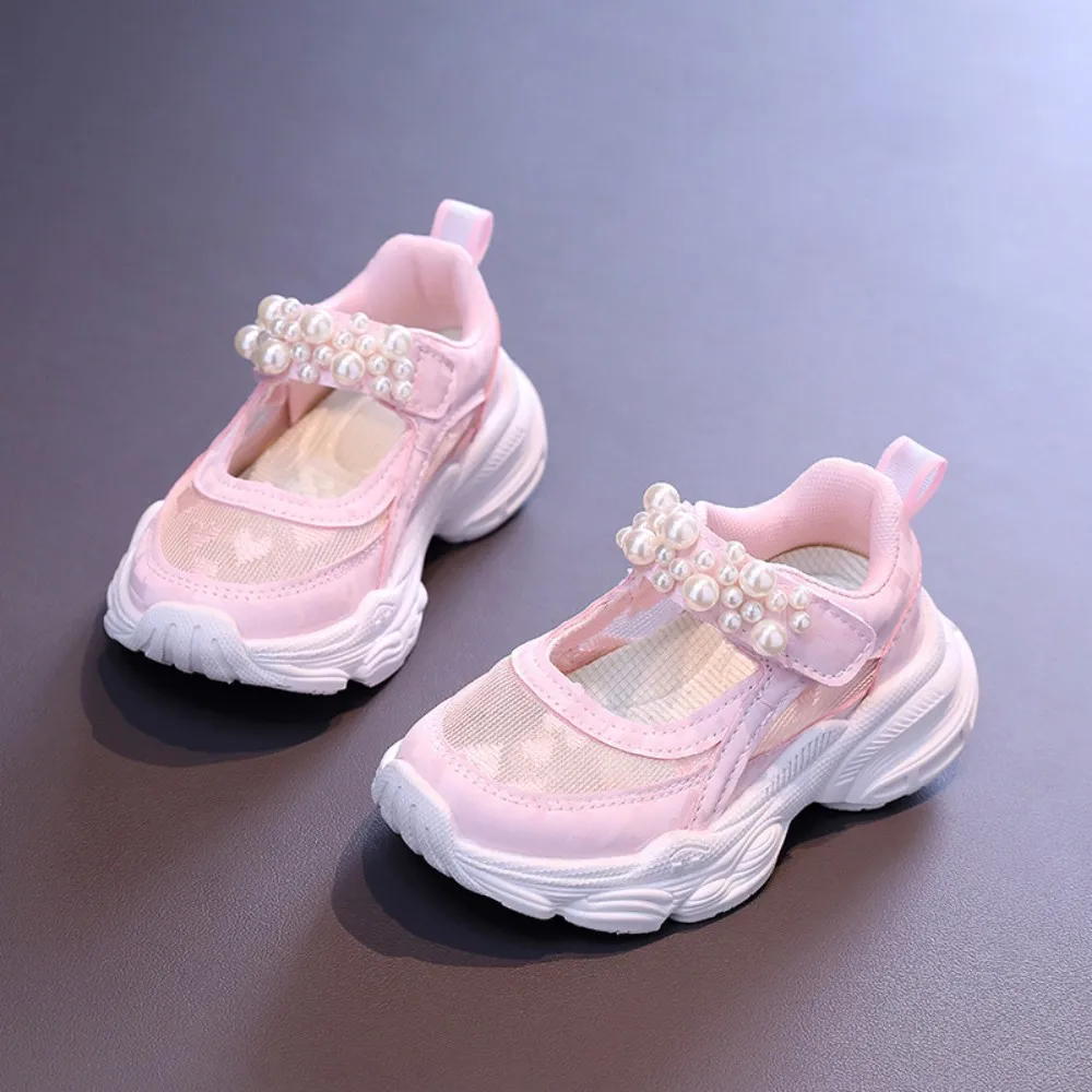 Girls' solid color mesh hollow sports shoes for summer 2025, new children's mid to large children's pearl solid color dad shoes