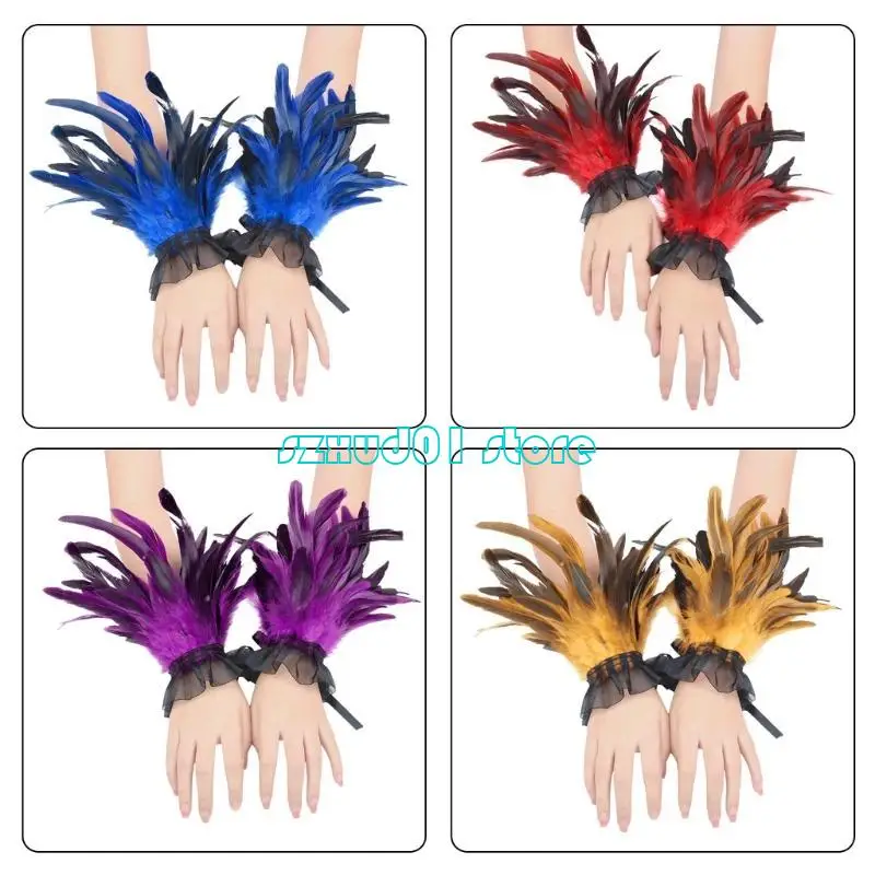 1xca Vintage Feathered Hand Hand Cuffs สำหรับผู้ใหญ่ unisex แขนกอธิคแขนเสื้อธีมปาร์ตี้ชุดข้อมือแขนข้อมือสวมหน้ากาก Armwear