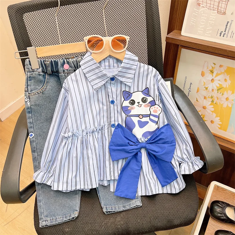 

32QGirls Spring and Autumn New Children's Clothing Cute Bow Cat Shirt and Jeans Two-piece Set