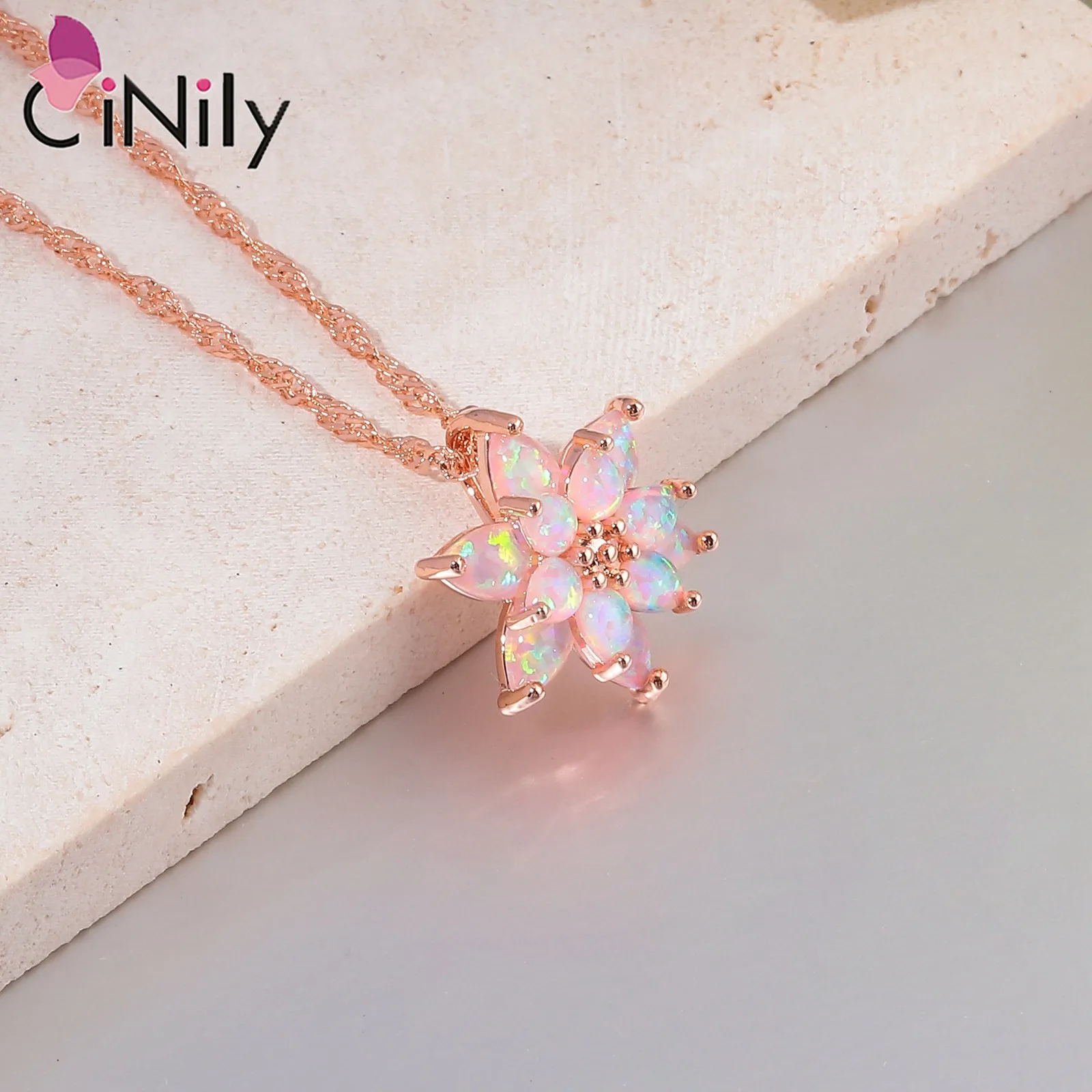 CiNily Delicate Flower Shaped Fire Opal Pendant Necklace Rose Gold Plated Trendy Jewelry Gifts for Women Girls(with Chain)