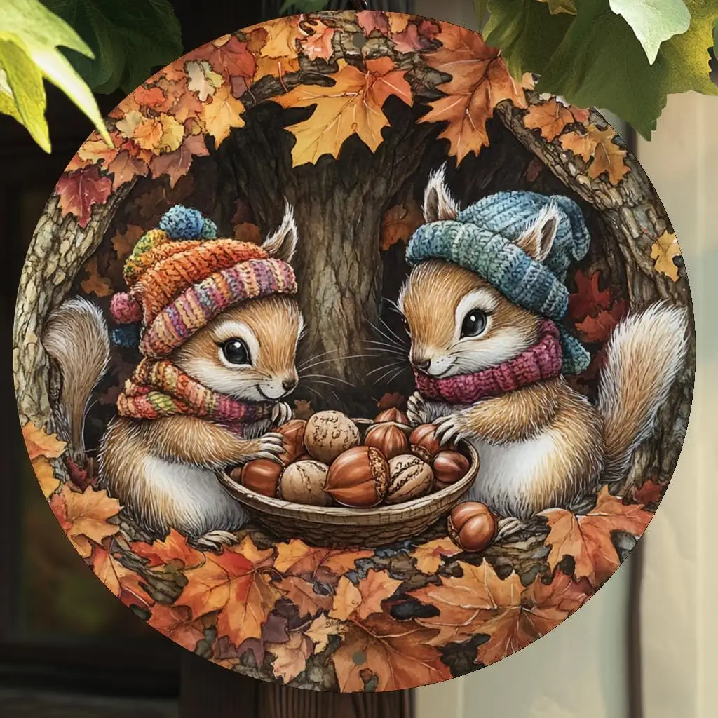 1 Stück rustikales rundes Wandkunstschild aus Aluminium mit Eichhörnchen und Nüssen, Vintage-Metallschild für Zuhause, Büro, Küche, Bar-Dekoration, perfektes Geschenk