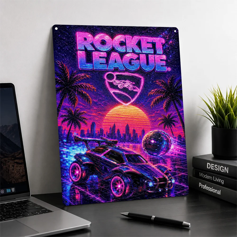 Retro Synthwave Rocket League Poster Retro 3D Printed Metal Signs Customized Wall Hanging Gift for Garage Accessories Room Decor