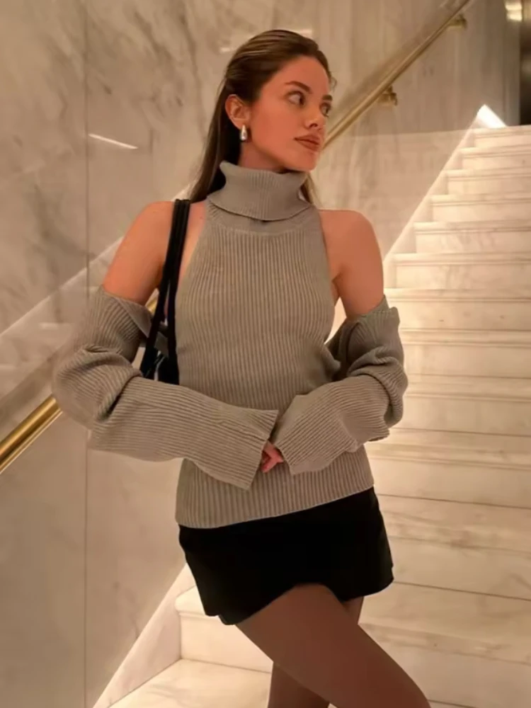 Womens 2026 Grey Ribbed Turtleneck Knit Two Piece Outfit Sleeveless Vest Long Sleeve Shawl Casual Street Knit Suit for Ladies