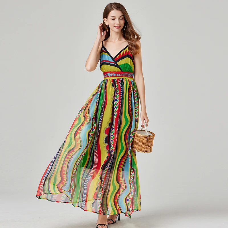 

Sexy Long Maxi Spaghetti Strap Dress Summer Woman Clothes 2024 Runway Fashion V Neck Sleeveless Print Chiffon Bohemian Dresses