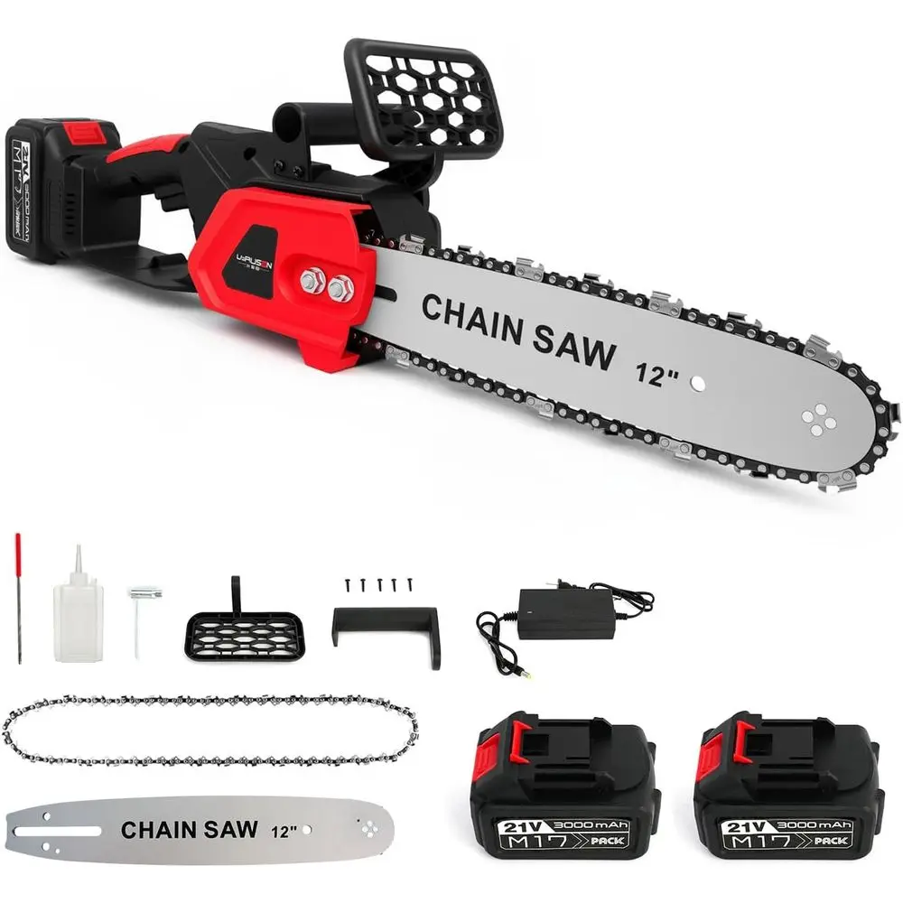 

12-дюймовая аккумуляторная электрическая бензопила, бензопила с батарейным питанием 21 В, бесщеточная цепная пила с аккумулятором емкостью 3,0 Ач, цепь и зарядка