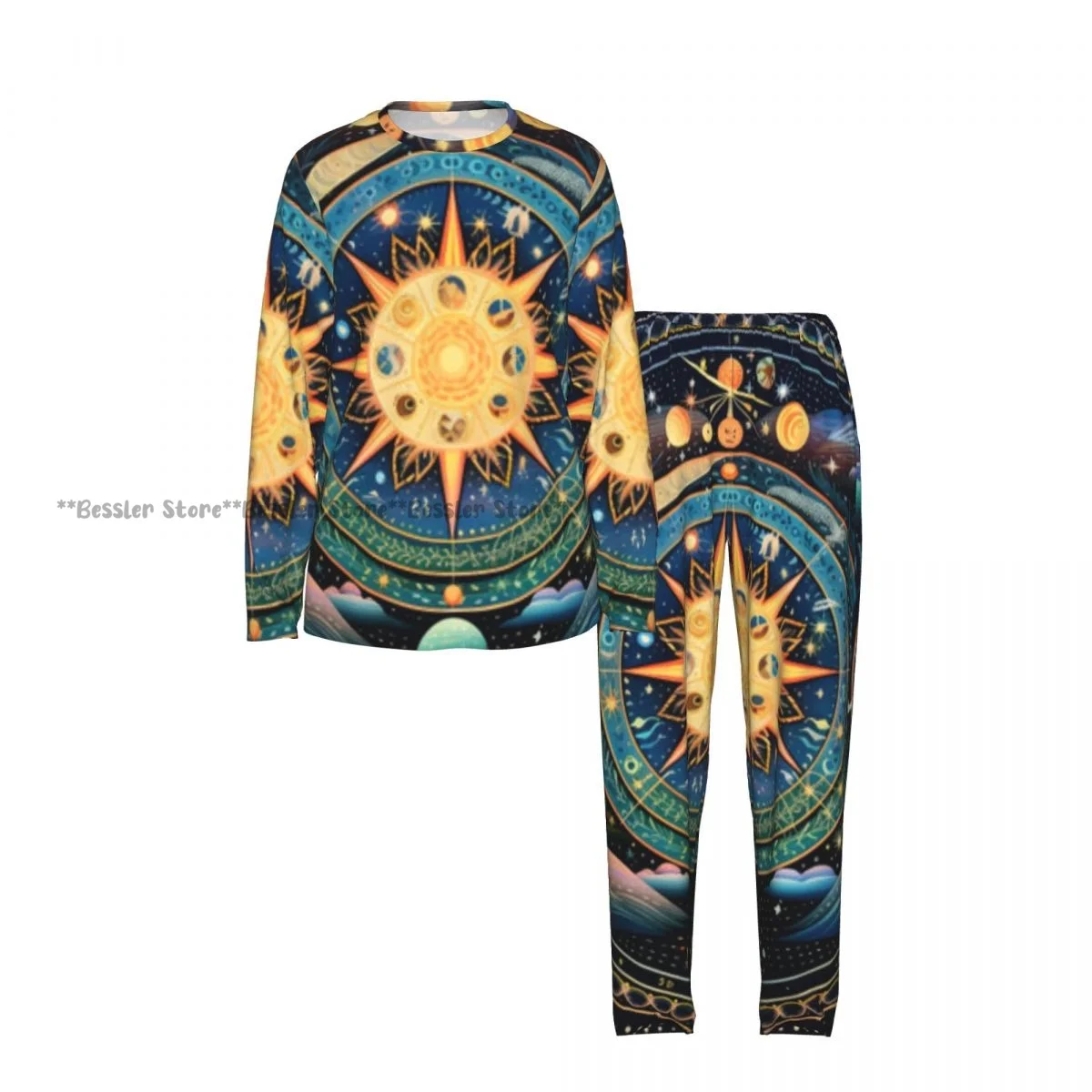 Women Round Neck 2PCS Sleepwear Set Long Sleeve Shirt & Long Pants Enchanting World Of Celestial Secrets Daily Home Loungewear